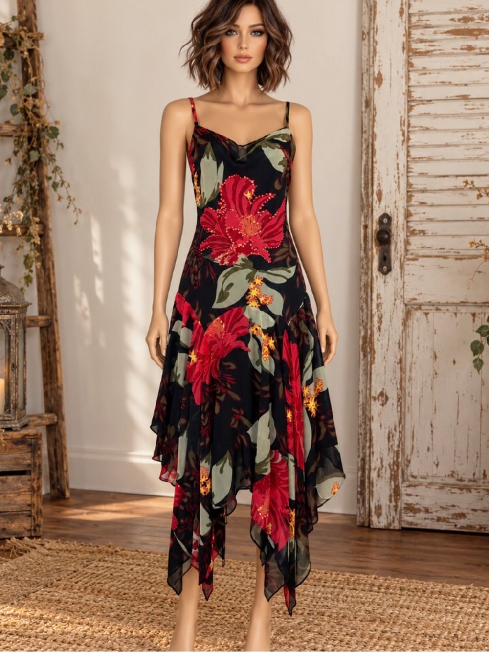 Raiment Fashions Inc. Floral Handkerchief Hem Slip Dress